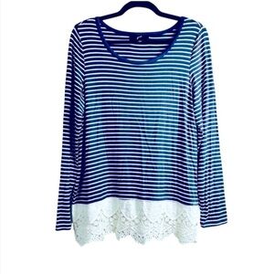 GNW Women’s Sz Medium Blue & White Striped Long Sleeve Lace Trim Top Tunic